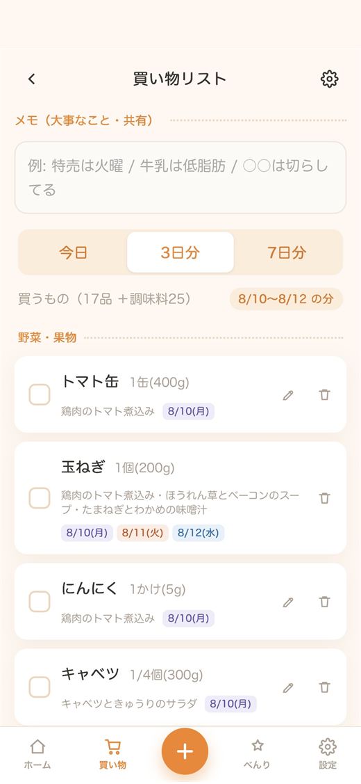今日・3日分・7日分で絞り込める買い物リスト。食材ごとに使う料理と日付が並ぶ